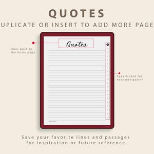Op de afbeelding: Een digitaal notitieblok met een bordeauxrode rand, met bovenaan het woord "Quotes". Het notitieblok heeft gelinieerde pagina's om op te schrijven en is ontworpen voor eenvoudige navigatie. Tekst onderaan moedigt aan om favoriete regels op te slaan voor inspiratie.