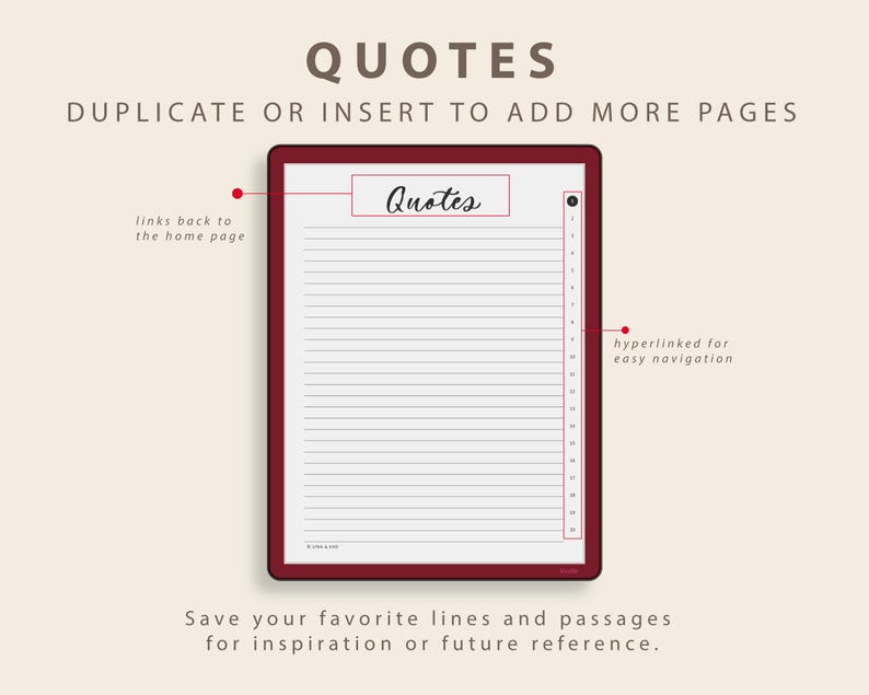 Op de afbeelding: Een digitaal notitieblok met een bordeauxrode rand, met bovenaan het woord "Quotes". Het notitieblok heeft gelinieerde pagina's om op te schrijven en is ontworpen voor eenvoudige navigatie. Tekst onderaan moedigt aan om favoriete regels op te slaan voor inspiratie.