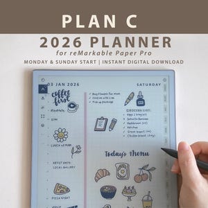 May include: A digital planner for reMarkable Paper Pro, labelled "PLAN C 2026 PLANNER." The screen shows a daily schedule with the date, "03 JAN 2026," and a "Today's Menu" section. The planner includes a grocery list and various icons.