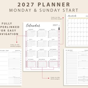 May include: A 2027 digital planner featuring a yearly calendar overview, monthly layouts, and weekly schedule pages. The design includes text labels for Monday and Sunday starts, with red lines indicating hyperlinked navigation for easy access.