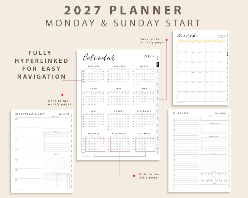 May include: A 2027 digital planner featuring a yearly calendar overview, monthly layouts, and weekly schedule pages. The design includes text labels for Monday and Sunday starts, with red lines indicating hyperlinked navigation for easy access.