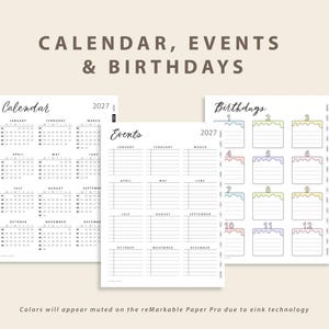 May include: Three digital planner pages for 2027 titled Calendar, Events, and Birthdays. The calendar shows months from January to December. The events page has monthly sections with lines. The birthdays page features twelve cake-shaped boxes.