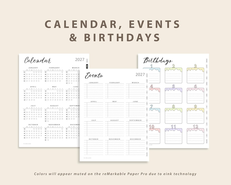 May include: Three digital planner pages for 2027 titled Calendar, Events, and Birthdays. The calendar shows months from January to December. The events page has monthly sections with lines. The birthdays page features twelve cake-shaped boxes.
