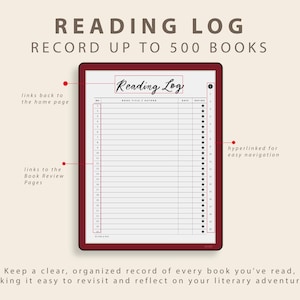 Op de afbeelding: Een digitaal leeslogboek met een bordeauxrode rand. De titel "Reading Log" staat bovenaan, met ruimte om tot 500 boeken te registreren. Het logboek bevat secties voor boektitel, auteur, datum en beoordelingen. Het heeft hyperlinks voor eenvoudige navigatie.
