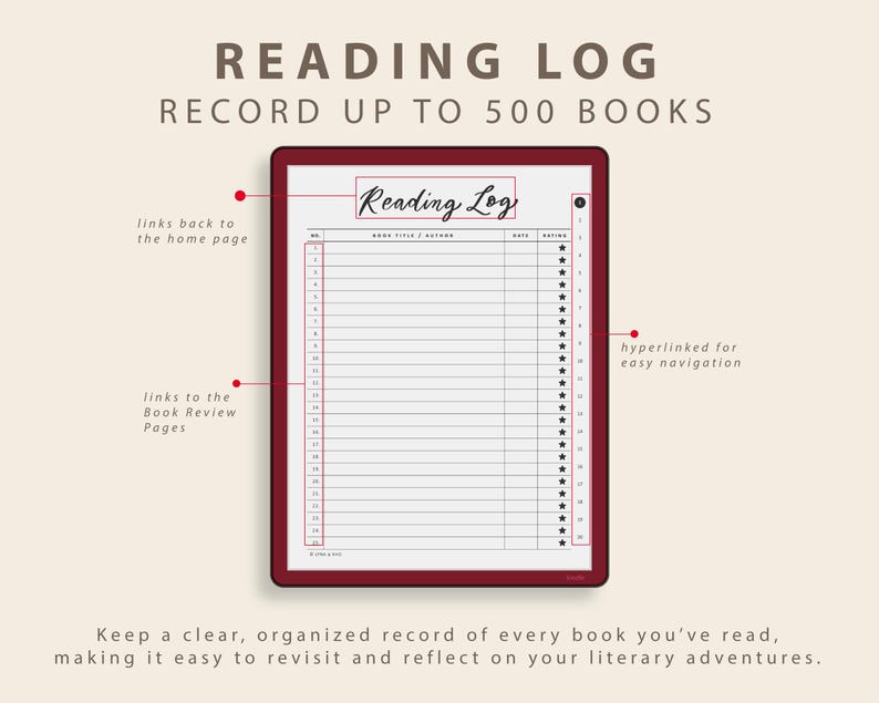 Op de afbeelding: Een digitaal leeslogboek met een bordeauxrode rand. De titel "Reading Log" staat bovenaan, met ruimte om tot 500 boeken te registreren. Het logboek bevat secties voor boektitel, auteur, datum en beoordelingen. Het heeft hyperlinks voor eenvoudige navigatie.