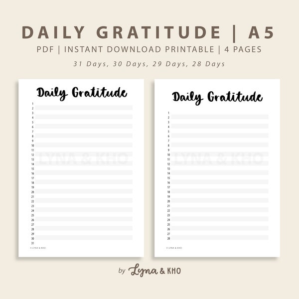 Premade Journal Page Printable Daily Gratitude 4 pages | A5 Journal Page| Monthly Page| PDF Printable Planner Ring Binder Insert | PB10