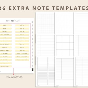 May include: A digital note-taking template set titled 26 EXTRA NOTE TEMPLATES. The left side displays a menu with labels like BLANK, GRID, DOTTED, LINED, and various column layouts. The right side shows nine distinct page designs with grids, lines, and checklists.