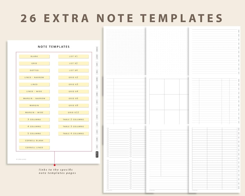 May include: A digital note-taking template set titled 26 EXTRA NOTE TEMPLATES. The left side displays a menu with labels like BLANK, GRID, DOTTED, LINED, and various column layouts. The right side shows nine distinct page designs with grids, lines, and checklists.