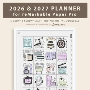 Könnte beinhalten: Ein digitaler Planer für reMarkable Paper Pro mit der Aufschrift 2026 & 2027. Der Bildschirm zeigt ein Raster aus handgezeichneten Symbolen und Beschriftungen wie Calendar, Budget, Birthdays, Goals, Weekly Planner, Package Tracker und Movies.