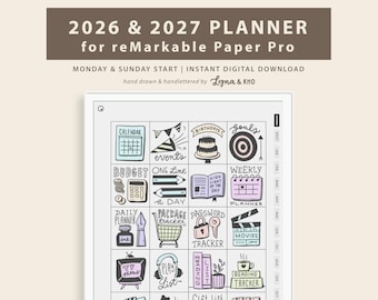 May include: A digital planner for reMarkable Paper Pro labeled 2026 & 2027. The screen displays a grid of hand-drawn icons and labels including Calendar, Budget, Birthdays, Goals, Weekly Planner, Package Tracker, Password Tracker, and Movies.