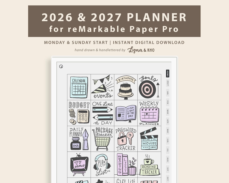 2026 and 2027 Planner for reMarkable Paper Pro: Color Hypelinked Monthly, Weekly and Daily Planner PDF (Instant Digital Download)