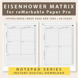 Eisenhower Matrix für reMarkable Paper Pro, To Do Liste in 2 Layouts mit und ohne Notizen, Verlinkte Indexseite und Register, 60-seitiger Notizzettel
