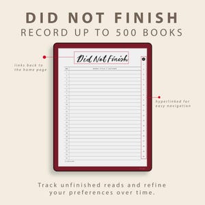 Op de afbeelding: Een digitale planner met de tekst "Did Not Finish" bovenaan, ontworpen om tot 500 boeken te registreren. De planner heeft een lijstformaat voor het bijhouden van boektitels en auteurs, met hyperlinks voor eenvoudige navigatie. De tekst "Track unfinished reads and refine your preferences over time."