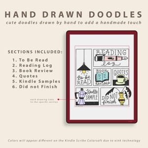 Op de afbeelding: Een digitale tablet met een bordeauxrode lijst toont handgetekende doodles. De tekst luidt "HAND DRAWN DOODLES" en "cute doodles drawn by hand to add a handmade touch." Secties zijn onder meer "To Be Read", "Reading Log" en "Book Review".