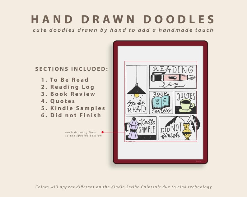Op de afbeelding: Een digitale tablet met een bordeauxrode lijst toont handgetekende doodles. De tekst luidt "HAND DRAWN DOODLES" en "cute doodles drawn by hand to add a handmade touch." Secties zijn onder meer "To Be Read", "Reading Log" en "Book Review".