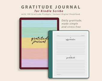 Op de afbeelding: Een digitaal dankbaarheidsdagboek voor Kindle Scribe. Het dagboek heeft een kleurrijke omslag met de woorden "gratitude journal" in cursief. Het bevat 100 dankbaarheidsvragen en is ontworpen om dagelijkse dankbaarheid eenvoudig te maken.