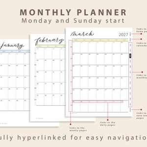 May include: A digital monthly planner for 2027 featuring January, February, and March calendar pages with a grid layout. The interface includes hyperlinked tabs for navigation to home, calendar, monthly, weekly, daily, and note pages.