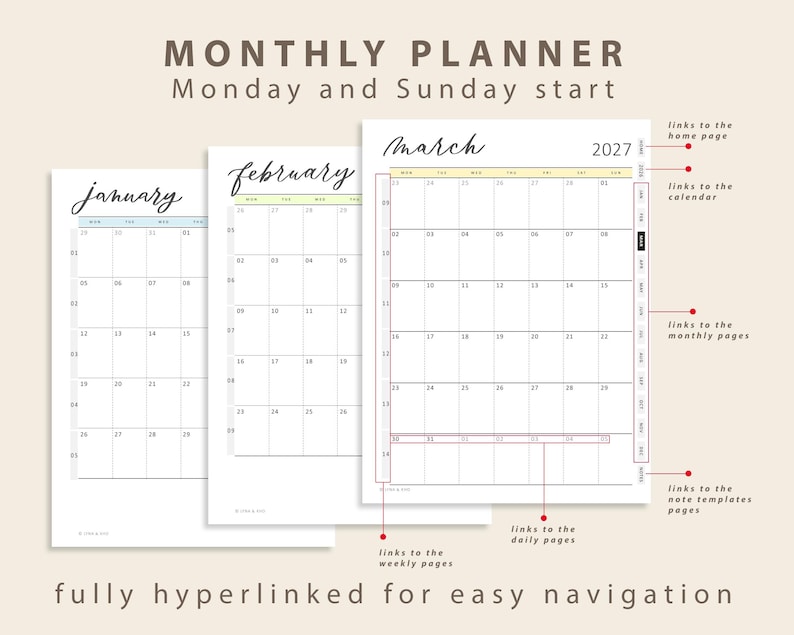 May include: A digital monthly planner for 2027 featuring January, February, and March calendar pages with a grid layout. The interface includes hyperlinked tabs for navigation to home, calendar, monthly, weekly, daily, and note pages.