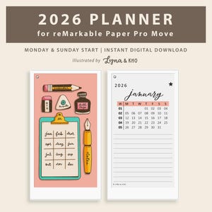 2026 Planner for reMarkable Paper Pro Move: Color Illustrated Monthly, Weekly and Daily Planner PDF (Instant Digital Download)