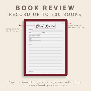 Op de afbeelding: Een digitale sjabloon voor boekrecensies met een bordeauxrode rand. De titel "Book Review" staat bovenaan, met prompts voor boektitel, auteur, beoordeling en samenvatting. De tekst "Record up to 500 books" is ook zichtbaar.