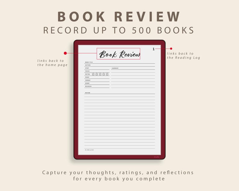Op de afbeelding: Een digitale sjabloon voor boekrecensies met een bordeauxrode rand. De titel "Book Review" staat bovenaan, met prompts voor boektitel, auteur, beoordeling en samenvatting. De tekst "Record up to 500 books" is ook zichtbaar.