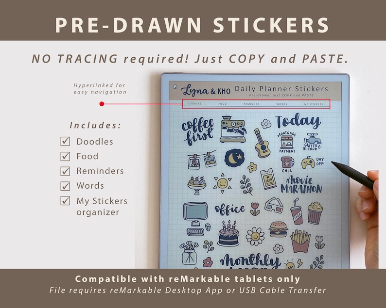 Daily Planner Stickers for Remarkable Paper Pro and Move: Doodles, Food ...