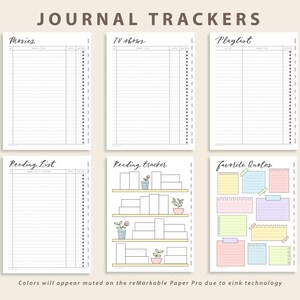 May include: Six digital journal tracker templates titled Movies, TV shows, Playlist, Reading List, Reading tracker, and Favorite Quotes. The pages feature lined tables, a bookshelf illustration, and colorful sticky note graphics for organization.