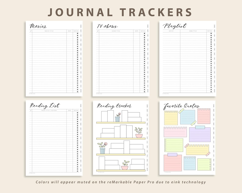 May include: Six digital journal tracker templates titled Movies, TV shows, Playlist, Reading List, Reading tracker, and Favorite Quotes. The pages feature lined tables, a bookshelf illustration, and colorful sticky note graphics for organization.