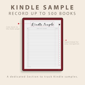Op de afbeelding: Een digitale tablet met een bordeauxrode lijst toont een "Kindle Sample" pagina, ontworpen om tot 500 boeken op te nemen. De pagina bevat een lijst met ruimte voor boektitels en auteurs. De tekst bovenaan luidt "KINDLE SAMPLE RECORD UP TO 500 BOOKS."