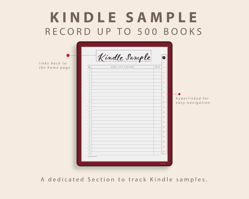Op de afbeelding: Een digitale tablet met een bordeauxrode lijst toont een "Kindle Sample" pagina, ontworpen om tot 500 boeken op te nemen. De pagina bevat een lijst met ruimte voor boektitels en auteurs. De tekst bovenaan luidt "KINDLE SAMPLE RECORD UP TO 500 BOOKS."
