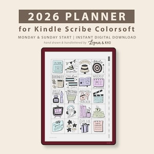 Könnte beinhalten: Ein digitaler Planer für Kindle Scribe Colorsoft mit einem Raster handgezeichneter Symbole und dem Text "2026 PLANNER". Der Planer enthält Abschnitte für Ereignisse, Budget, Tagesplanung und mehr. Das Design ist in einem weinroten Rahmen.