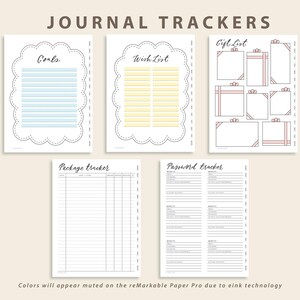May include: Five digital journal tracker pages titled Journal Trackers, featuring a Goals page with blue lines, a Wish List page with yellow lines, a Gift List page with gift box graphics, a Package tracker, and a Password tracker page.