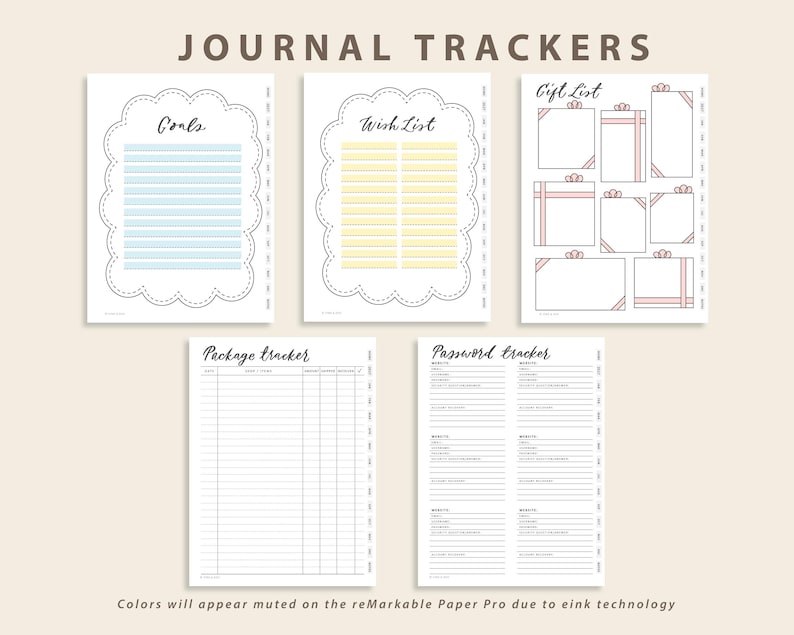 May include: Five digital journal tracker pages titled Journal Trackers, featuring a Goals page with blue lines, a Wish List page with yellow lines, a Gift List page with gift box graphics, a Package tracker, and a Password tracker page.