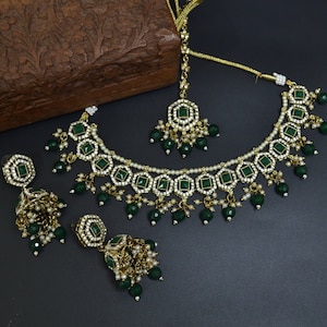 Green Color Indian Jewelry Fashion Handmade Necklace Earrings Tikka Bollywood Oxidized Bridal Wedding Engagement Party Jewelry
