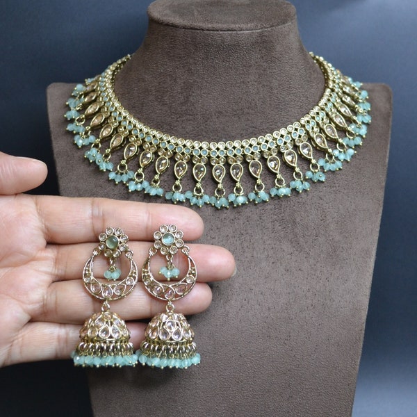 Surf/ Light Blue Color Indian Bollywood Handmade Brass Jewelry Set For Women Ethnic Fashion Necklace Earrings Forehead Tikka Set Wedding