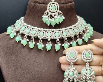 Mint Rhodium Plated Indian Bollywood Jewelry Set Bridal Wedding Party Wear Fashion Necklace Earring Tikka Set For Women