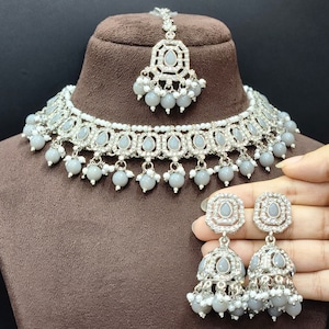 Grey Silver Polish Indian Bollywood Jewelry Set Bridal Wedding Party Wear Fashion Necklace Earring Tikka Set For Women