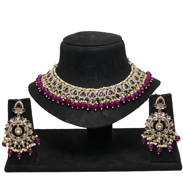Ensemble de bijoux Bollywood indien couleur vin, collier Kundan, boucles d'oreilles, ensemble Tikka pour femmes, tenue de fête de fiançailles de mariage