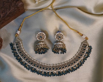 Peacock Blue Color Punjabi Necklace Earring Tikka Set High Quality Fashion Indian Bollywood Jewelry Bridal Wedding Party Wear