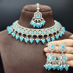 Blue Silver Polish Indian Bollywood Jewelry Set Bridal Wedding Party Wear Fashion Necklace Earring Tikka Set For Women