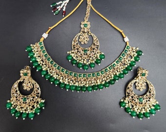 Groene kleur Indiase Bollywood Aziatische sieraden set etnische bruids bruiloft feestkleding choker ketting oorbellen Tikka set cadeau voor vrouwen