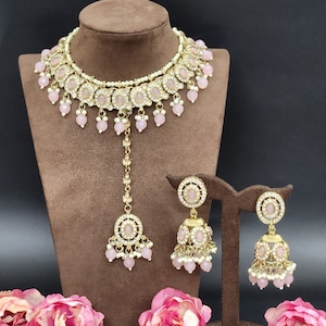 Baby Pink Indian Bollywood Handmade Jewelry Set Bridal Wedding Engagement Party Necklace Earring Tikka Set For Women Anniversary Gift