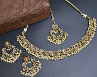 Champagne Indian Bollywood Jewelry Set For Women Fashion Brass Necklace Earrings Tikka Set Wedding Engagement Party Wear Anniversary Gift