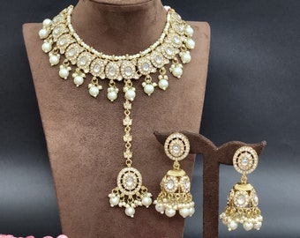 White Pearl Drop Indian Choker Set | Oval Shape Necklace Earrings Tikka | Bridal Jewellery Set