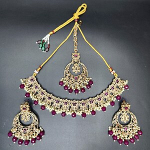 Wine Indian Jewelry Set: Bollywood Necklace, Earrings, Tikka