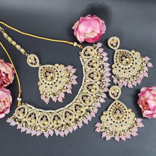 Baby Pink Indian Punjabi Bollywood Jewelry Set Bridal Choker Fashion Necklace Earring Tikka Set For Women Wedding Party Wear Gift For Women