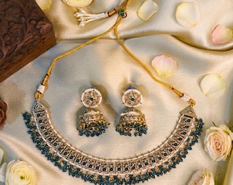 Peacock Blue Indian Jewelry Set: Bollywood Necklace, Earrings, Tikka