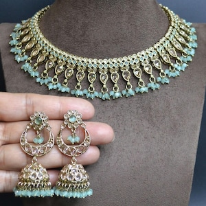 Light Blue Gold Polish Necklace Earring Tikka Set Asian Punjabi Jewellery Set Wedding Bridal Brass Jewelry High Quality Necklace Set