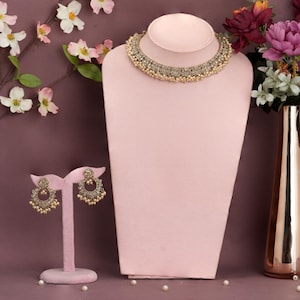 Parure de bijoux Bollywood champagne : collier en laiton, boucles d'oreilles, Tikka