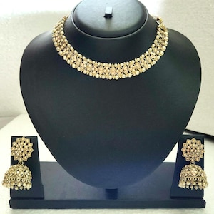 Beautiful LCT Champagne Pearl Indian Punjabi Necklace Earrings Tikka Set Fashion Jewelry For Women Bridal Wedding Party Wear